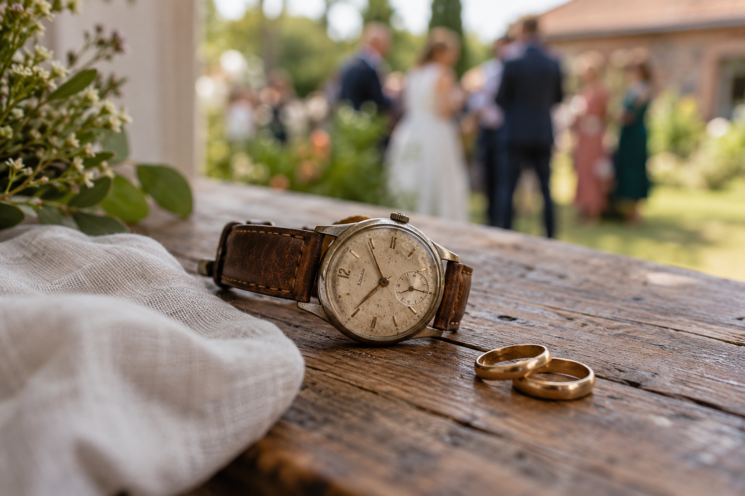 Alte Armbanduhr und zwei Trauringe auf einem Holztisch. Im Hintergrund eine unscharfe Hochzeitsgesellschaft.